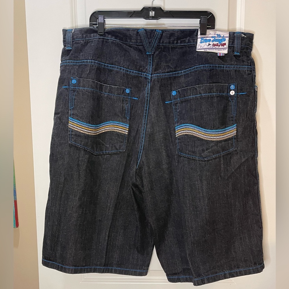 5ive Jungle Black Denim Shorts Blue Stitching Streetwear Skater Wide Leg Sz 46